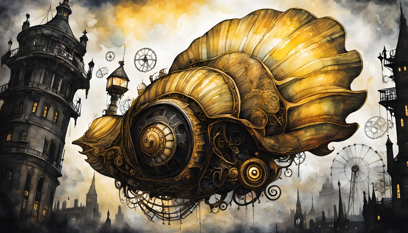 Golden Hairy Shell Soars Above London Tower in Steampunk Whi...