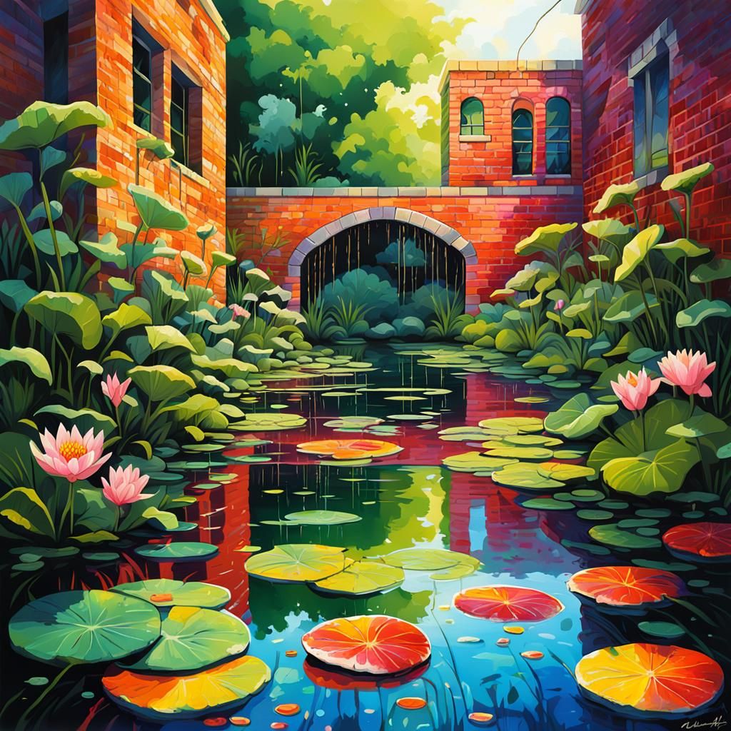 Secret Garden Courtyard with Lily Pads in Graffiti Style