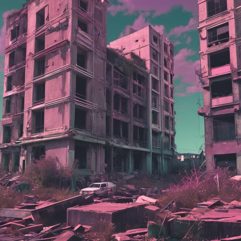 Glitchcore City Ruins with Retro Grain and Overgrowth