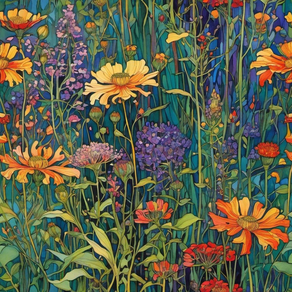 Detailed Wildflowers in Klimt-Inspired Watercolour