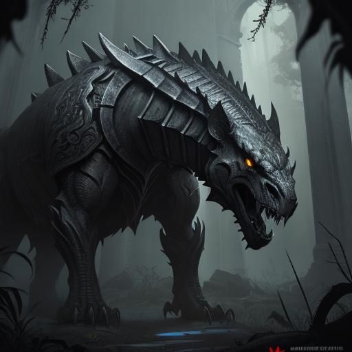 Spinosaurous Roars in Dark Fantasy Temple, Ornate Details