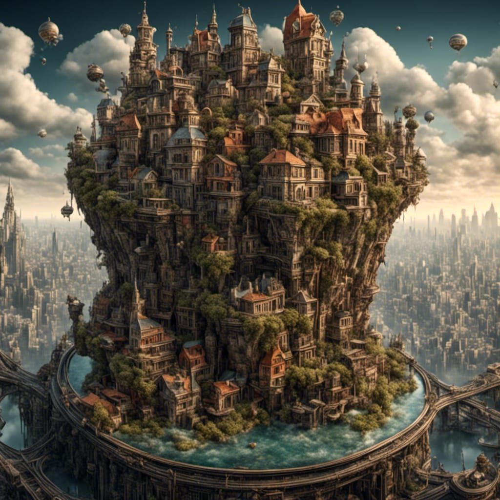 <lora:LordoftheRings:1.0>A mesmerizing 8k surreal cityscape panorama featuring Jacek Yerka's unique touch ,Inside resin ...