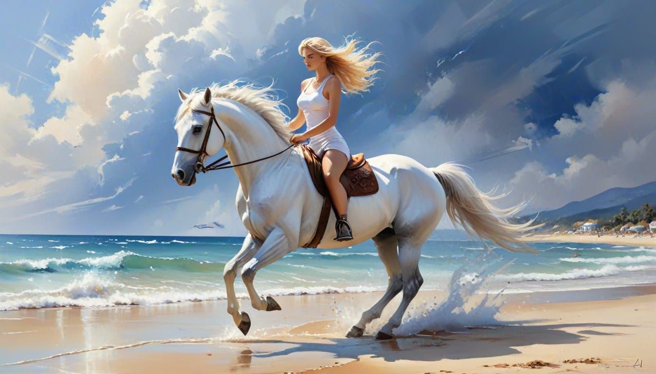 Surreal White Horse and Woman on Beach