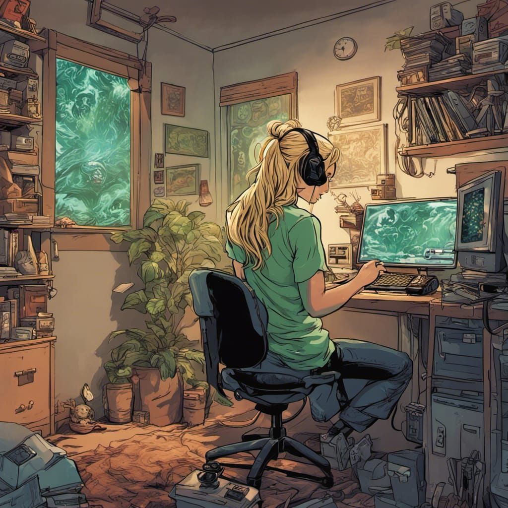 Green-Eyed Woman Streaming, Comic Book Art Style