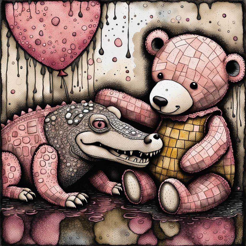 Teddy Bear Hugs Alligator: Whimsical Art Brut