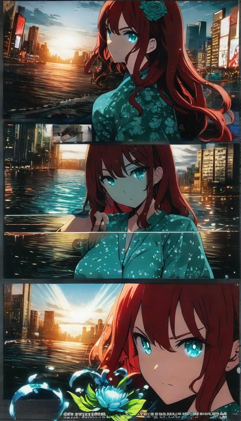 Anime Girl with Red Hair in Tokyo, Cel-Shaded Style