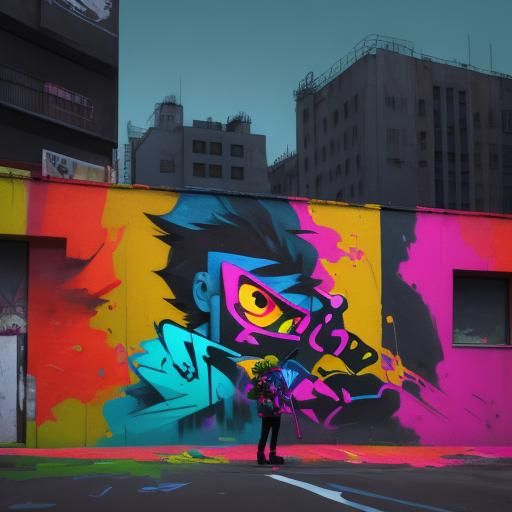 Vibrant Street Art Mural in Neon Cityscape