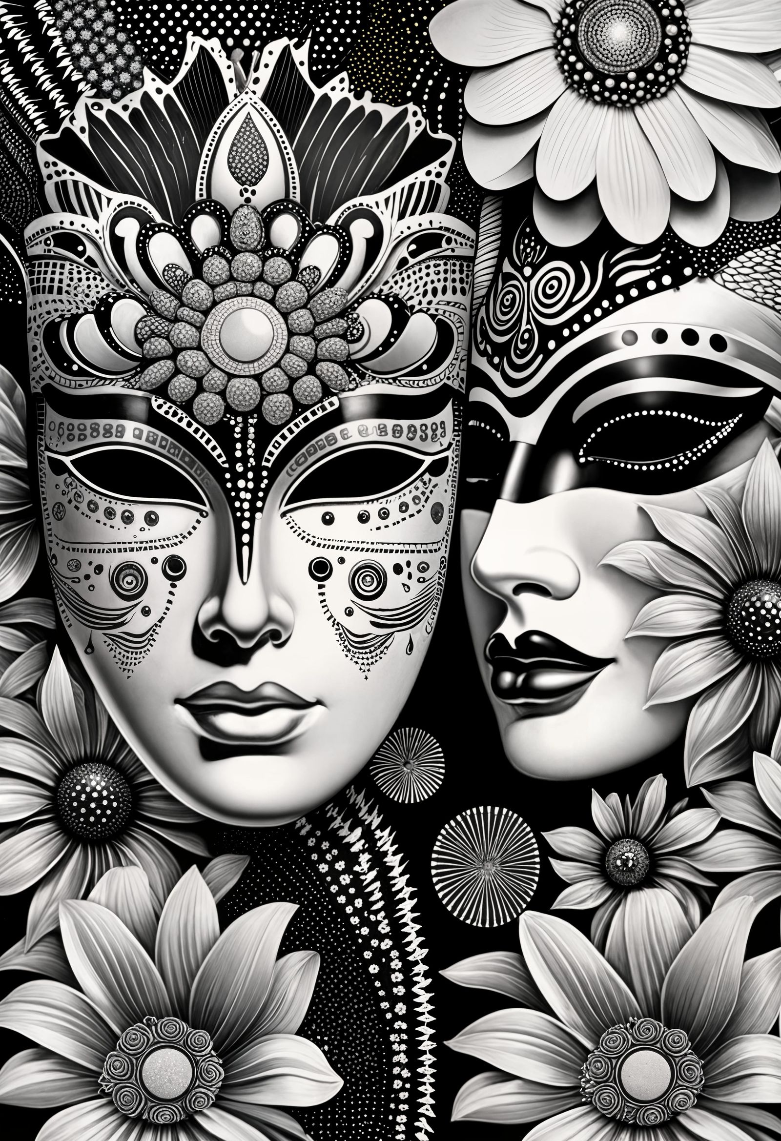 Bohemian Carnival Masks Collage in Psychedelic Style