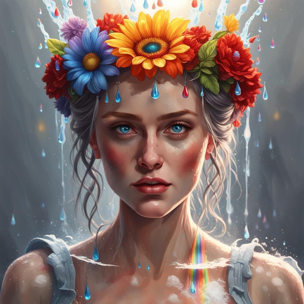 Woman in Folk Costume with Rainbow Water, Dark Fantasy Art