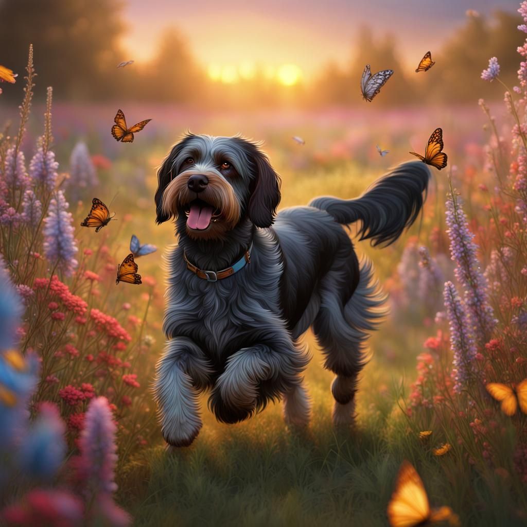 Wirehaired Griffon in Wildflower Field, Fantasy Art