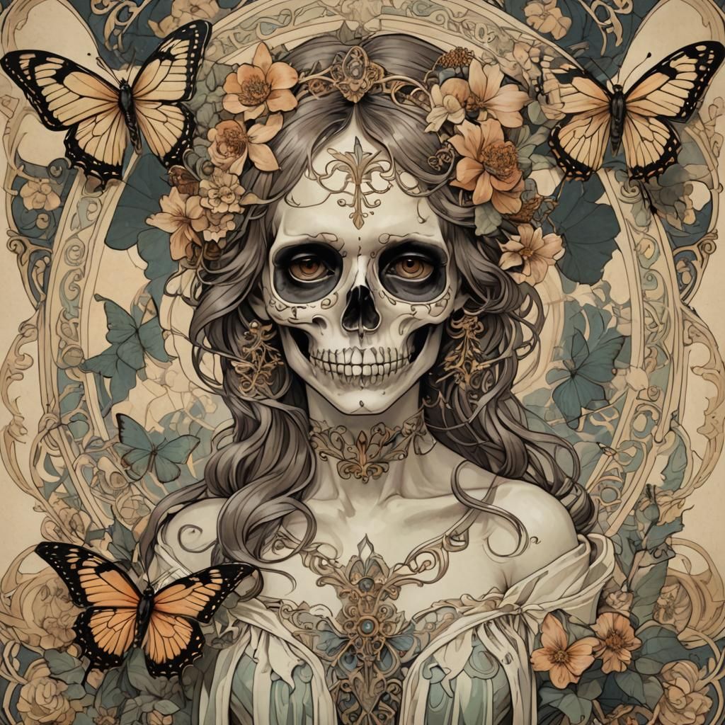 Skull Butterfly in Art Nouveau Style