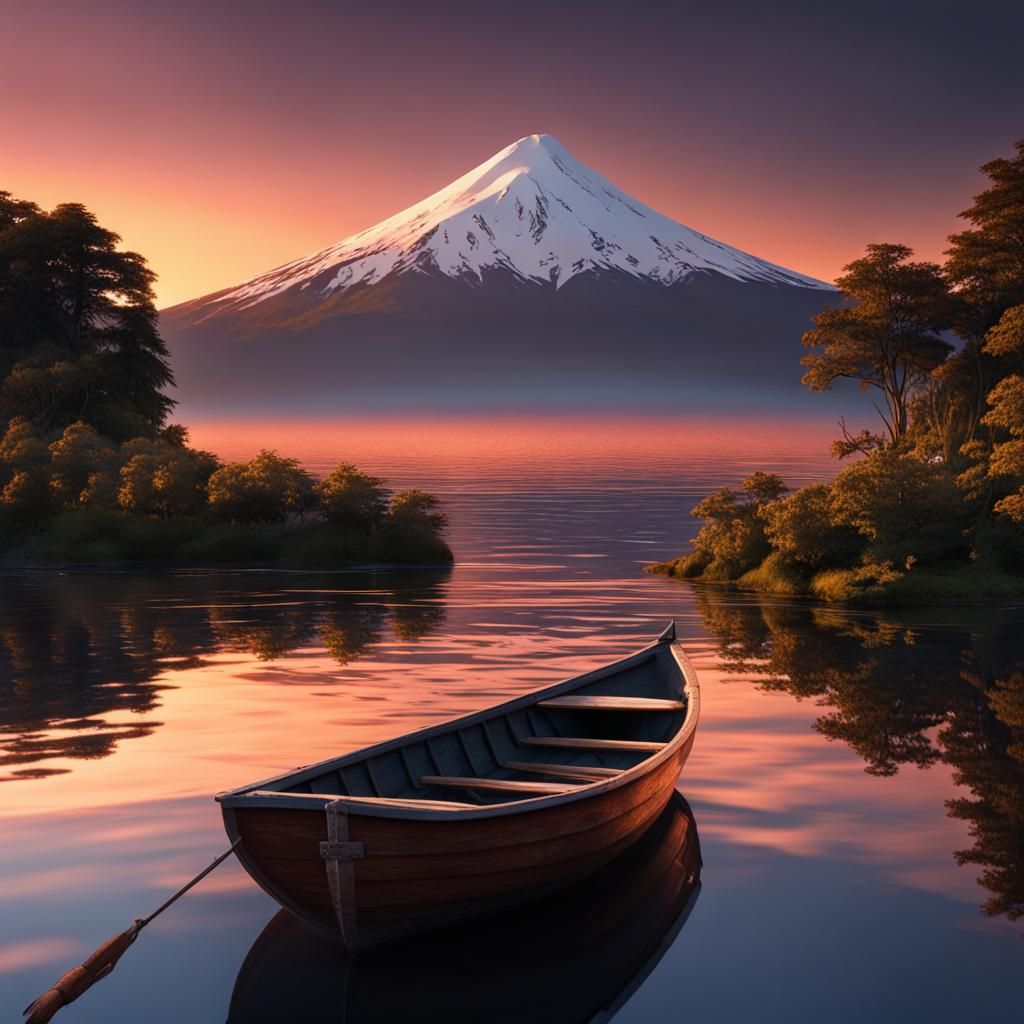 Sunset Rowboat on Lake with Volcano: Matte Painting