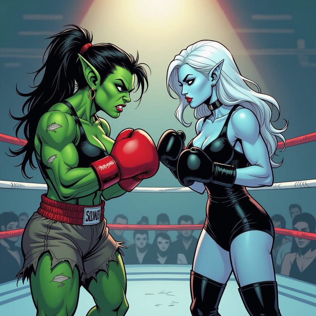 Goblin vs Vampire Boxing Match in Comic Book Style