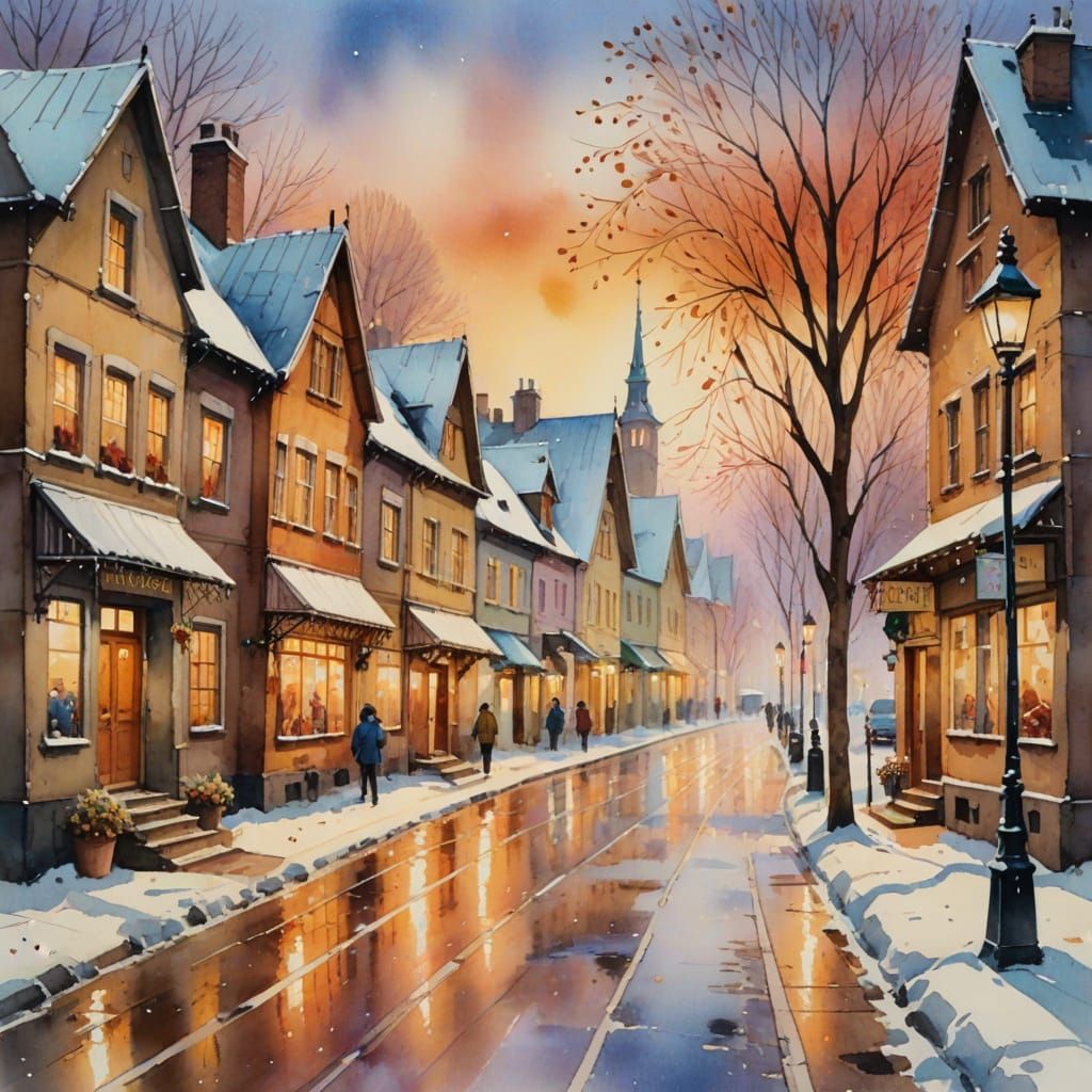 Idyllic Winter Village Street in Watercolor Style