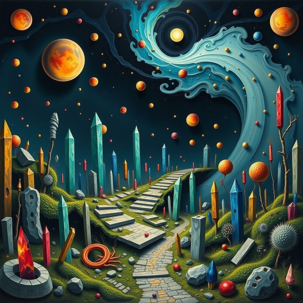 Surreal Cyberpunk Landscape with Crystals and Moss