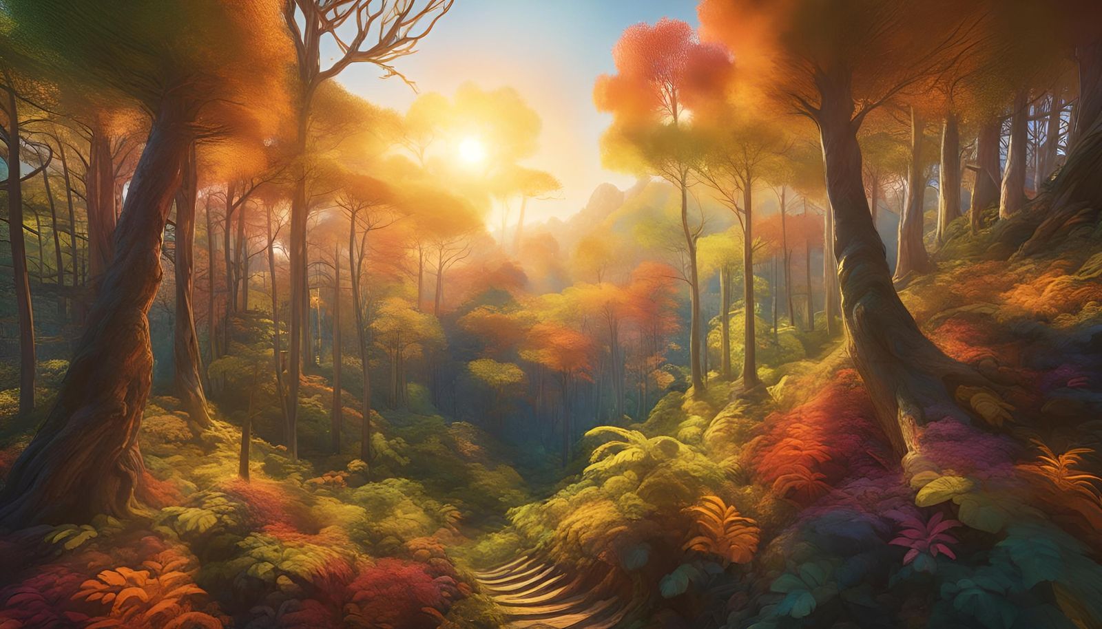 Sunshine Forest on Mountain in Expressionist Style