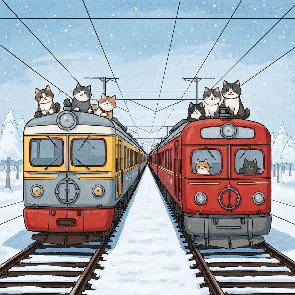 Cats Riding Winter Train in Modigliani Ghibli Style