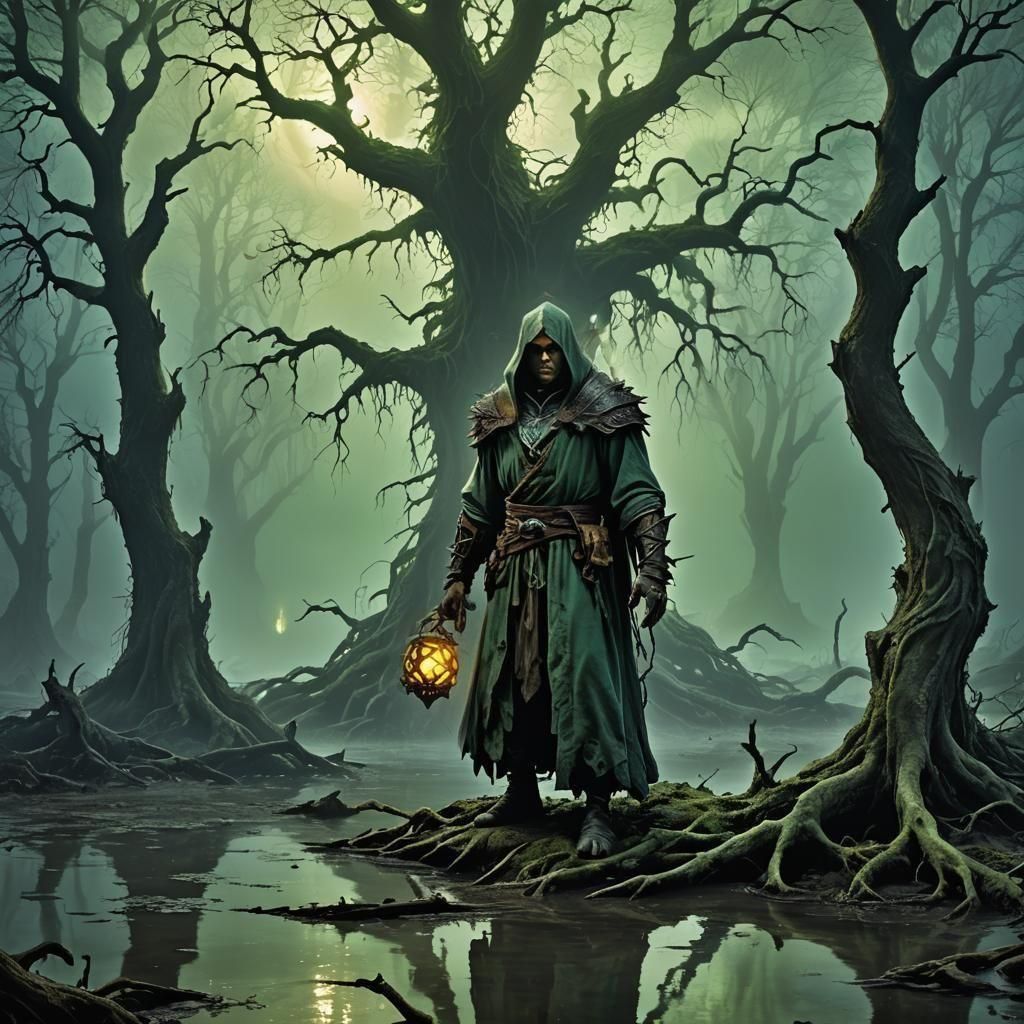 Hobgoblin Warlock in Ethereal Swamp, Dark Fantasy Art