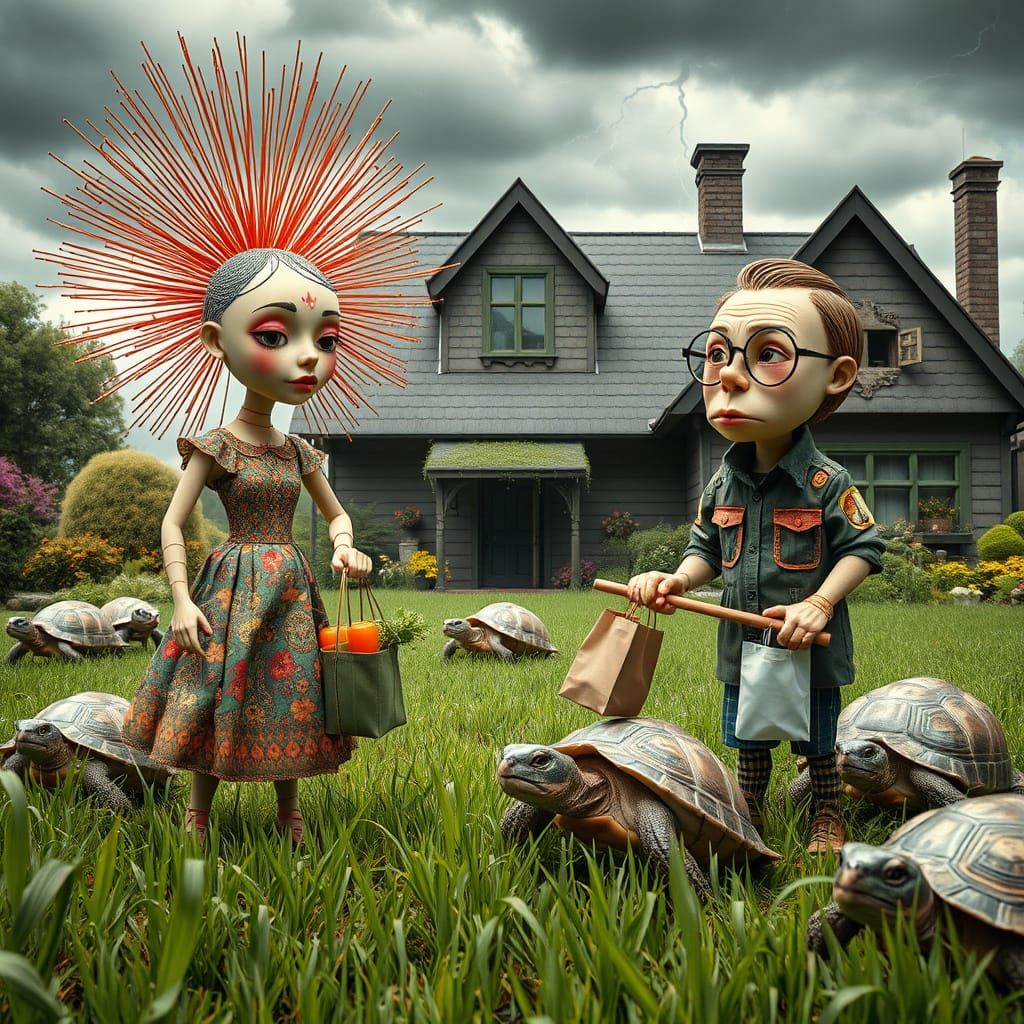 Whimsical All-Gender Figures in a Vibrant Garden Scene