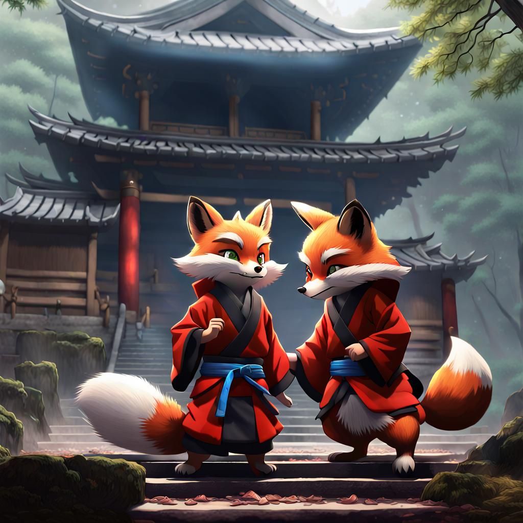 Fox and Chipmunk Ninjas in Foggy Temple, 3D Anime Art