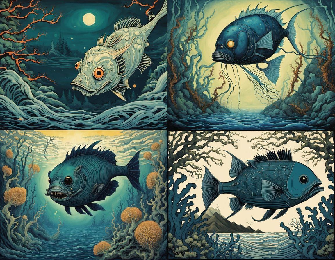 Bioluminescent Anglerfish with Heart Lure in Ukiyo-e Style