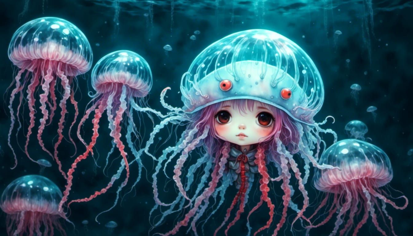 Adorable Jellyfish Person in Cyberpunk Style