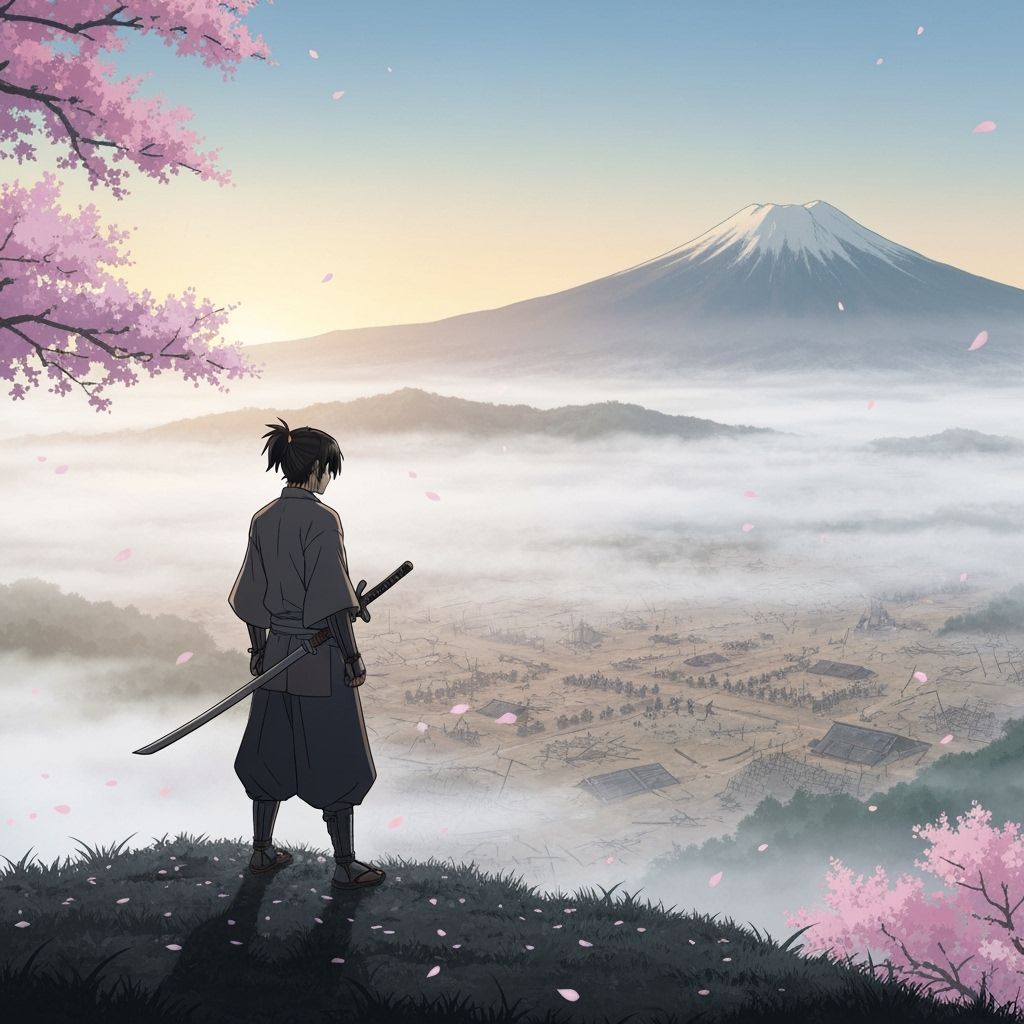 Lone Samurai at Dawn: Sumi-e Style Battlefield