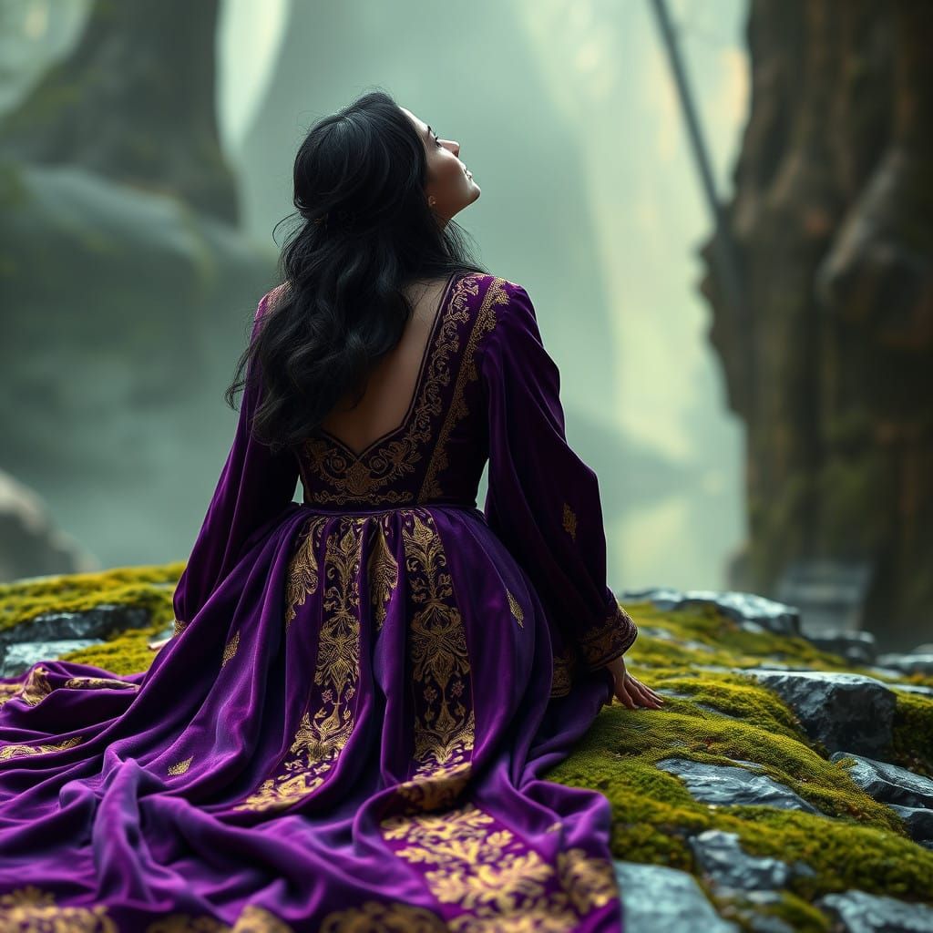 Woman in Lavish Purple Dress Contemplates Mystical Sky