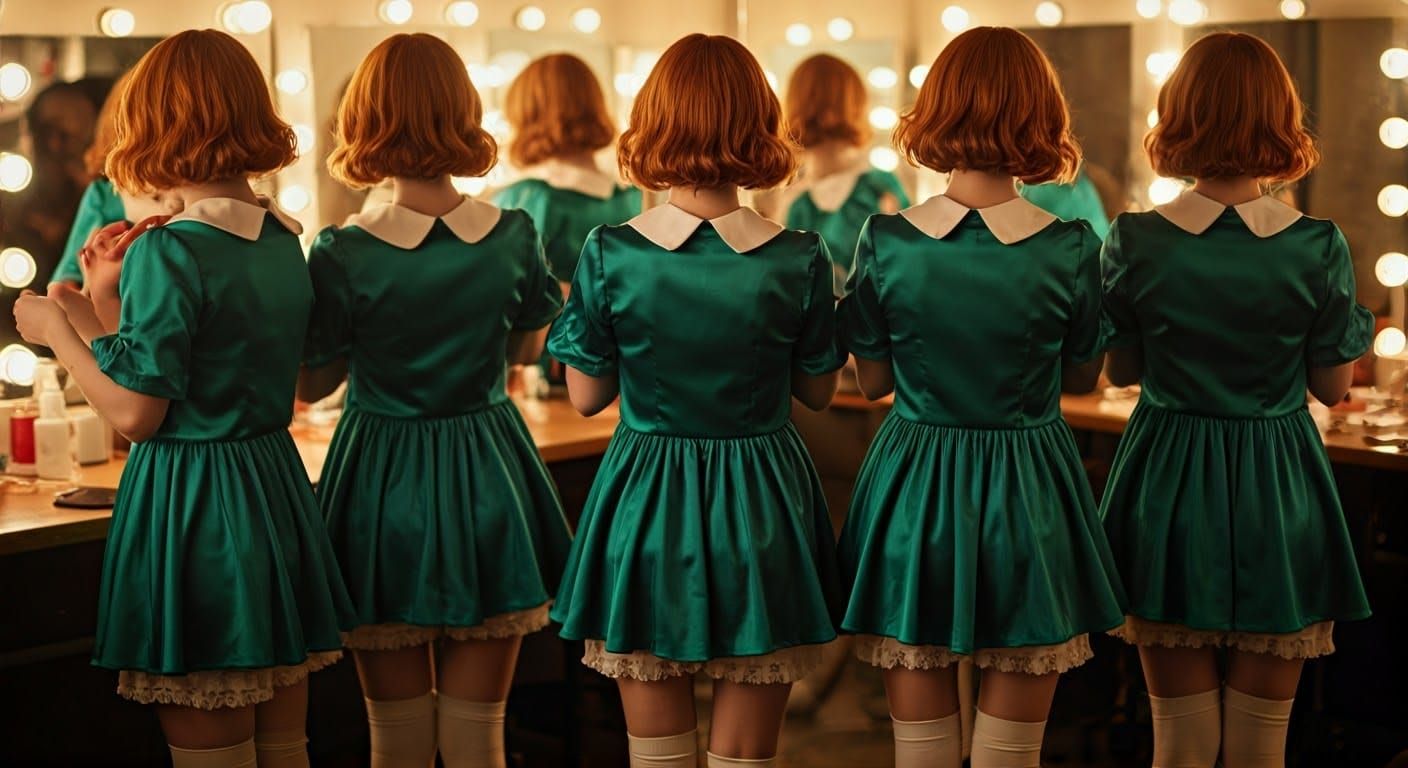 Women in Green Smock Dresses Prepare for Giallo Movie