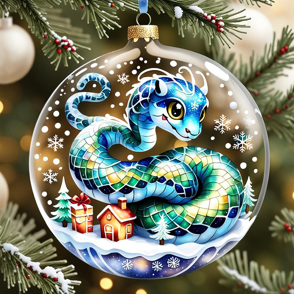 Smiling Snake with Christmas Ornament, Watercolor Illustrati...