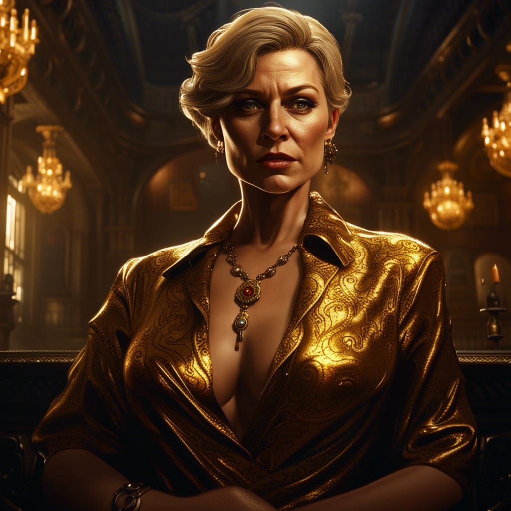 Attractive Female Mob Boss in Golden Dress