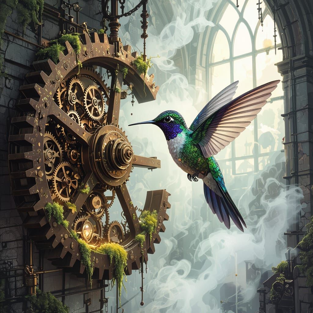 Clockwork Hummingbird in Steampunk Dreamscape