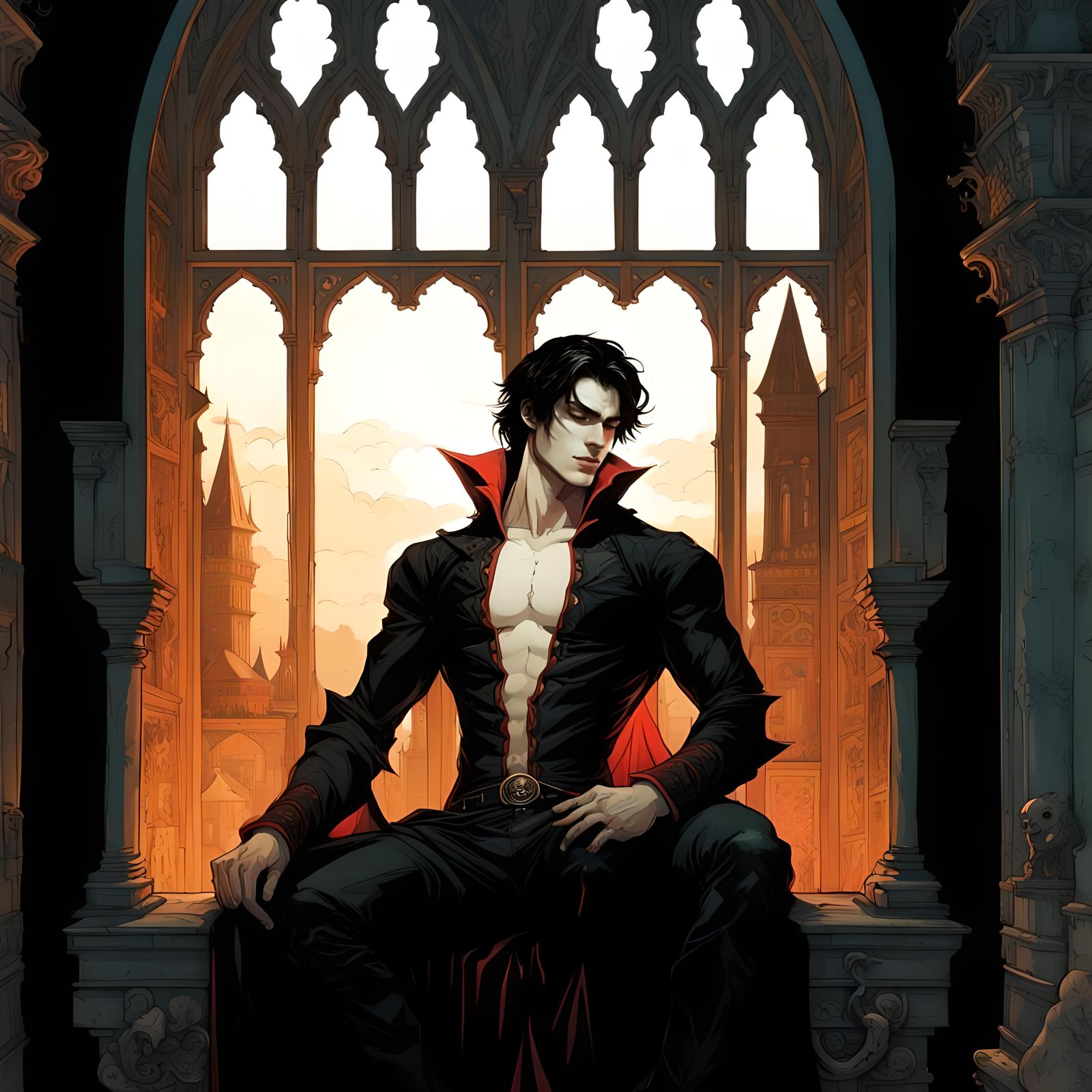 Vampire in Gothic Castle Window, Watercolor Style