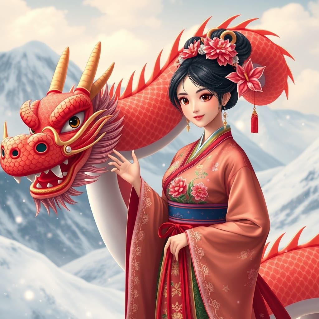 Korean Girl with Hanbok and Red Dragon in Whimsical Landscap...