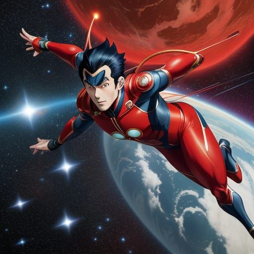 The manga hero Astro Boy, with his red suit, shooting into t...