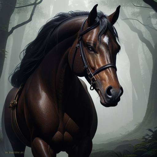Majestic Mythic Horse in Forest, Digital Art