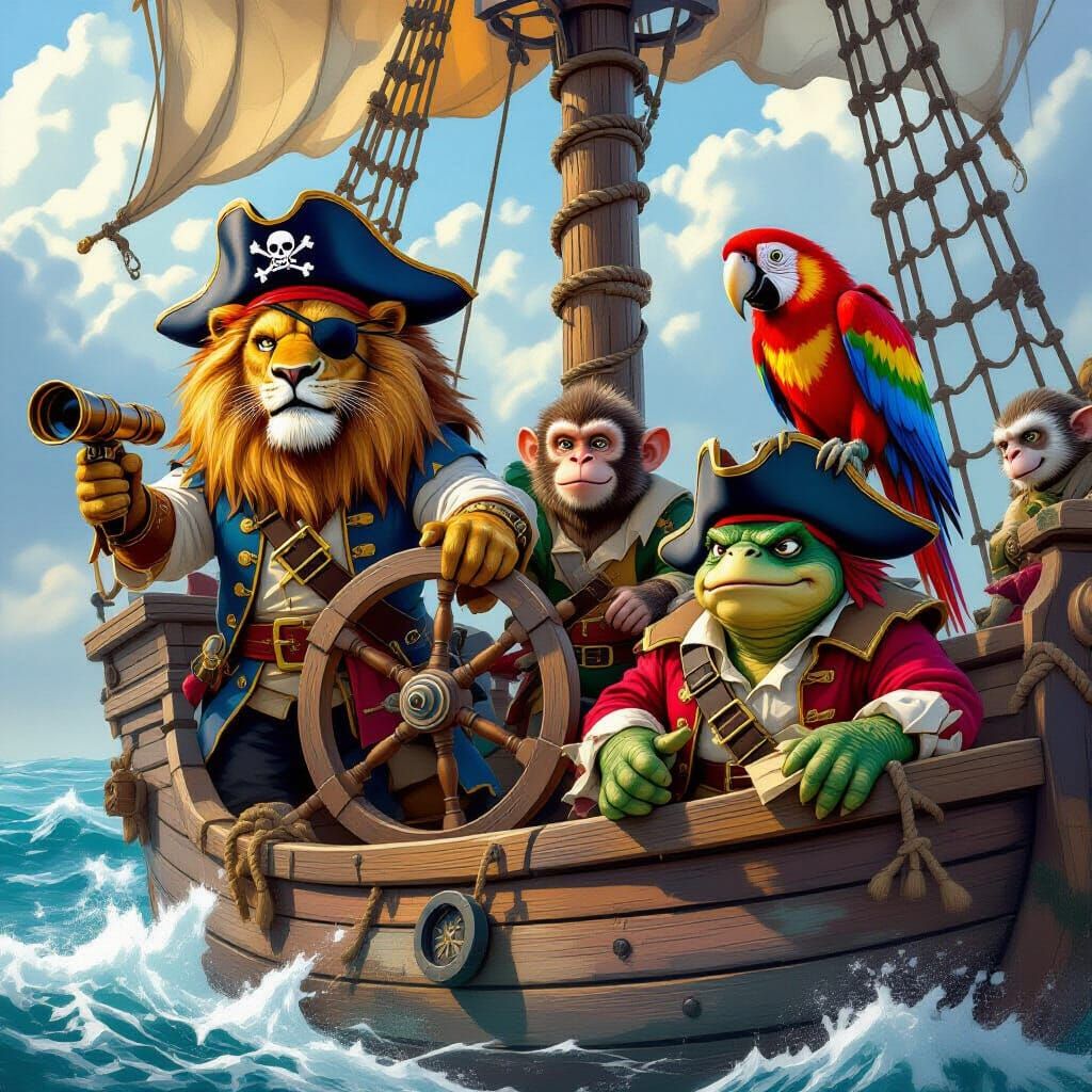 Pirate Animals Sailing a Ship in Fantasy Art Style