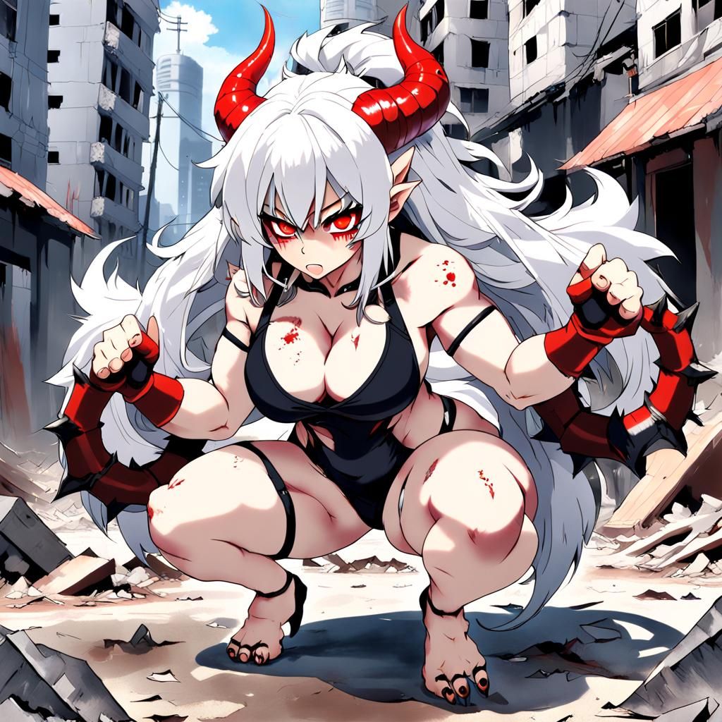 Muscular Naga Girl with Horns in Anime Style