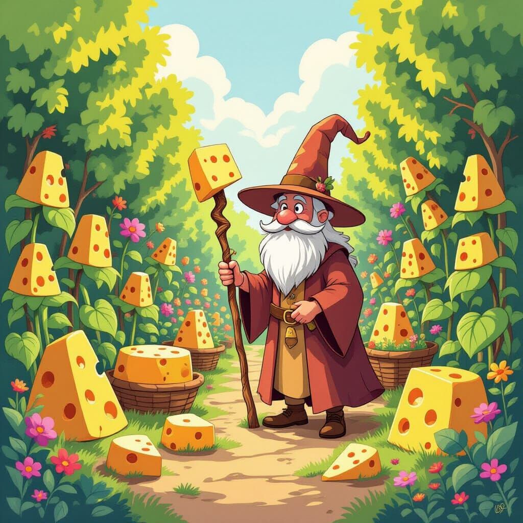 A whimsical cheesemancer tending to his garden of sentient c...