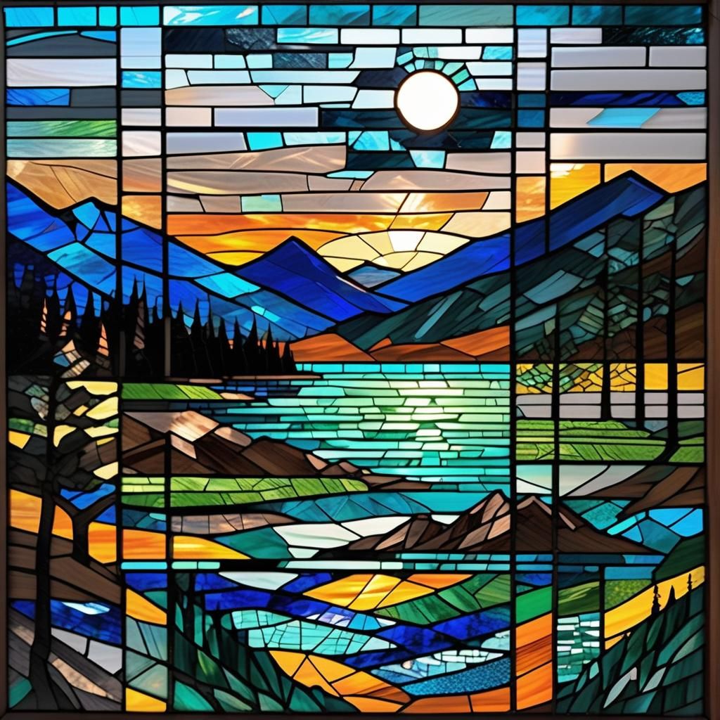 Cursed Cryptic Echoes, stained glass mosaic, Mountains, Lake...
