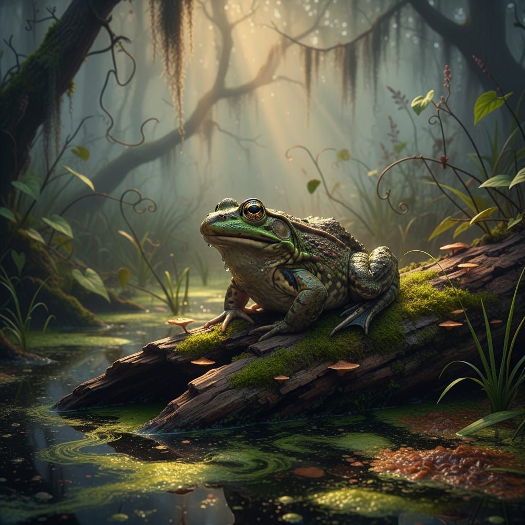 Hyperrealistic Bullfrog in Misty Swamp
