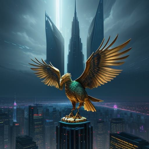 Griffin Guardian Perched Atop Futuristic Skyscraper