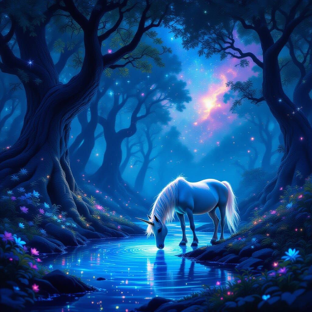 Bioluminescent Forest Twilight with Unicorn and Nebulae Sky