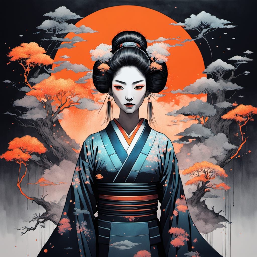 Futuristic Geisha Dance on Neon Stage in Cyberpunk Style