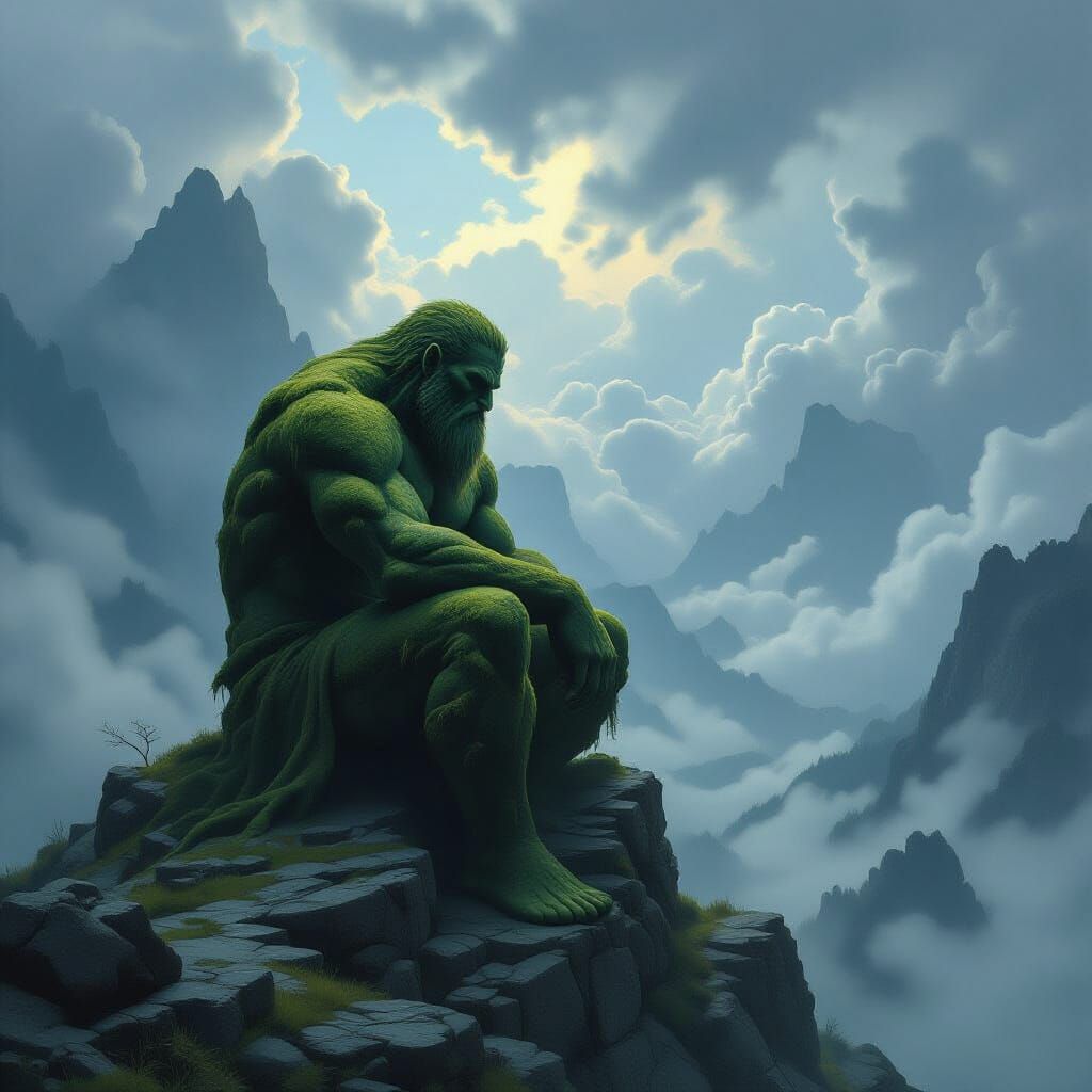Ancient Giant Contemplates Mist Valley in Dark Fantasy Art