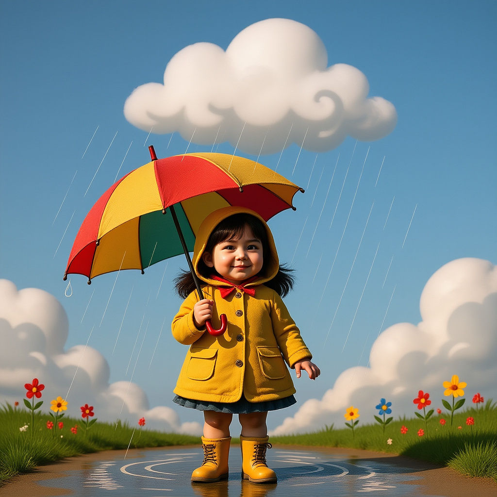 Girl with Personal Raincloud and Umbrella