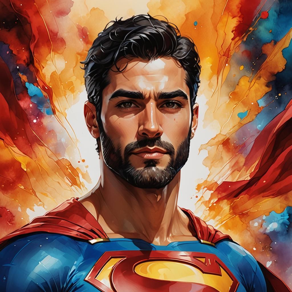 Black-Bearded Superman Portrait in Alcohol Ink Style