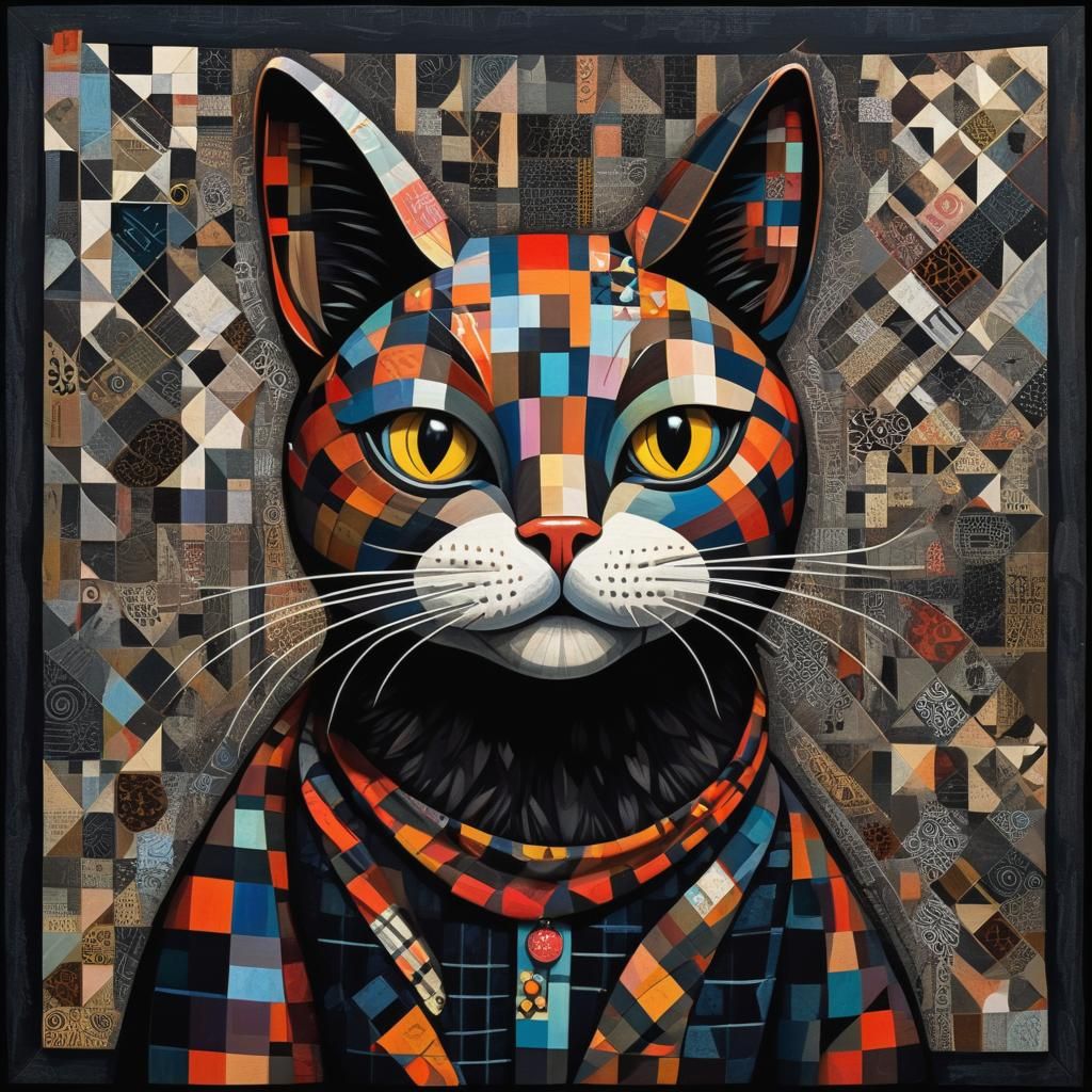 Whimsical Plaid Cat in Outsider Art Style