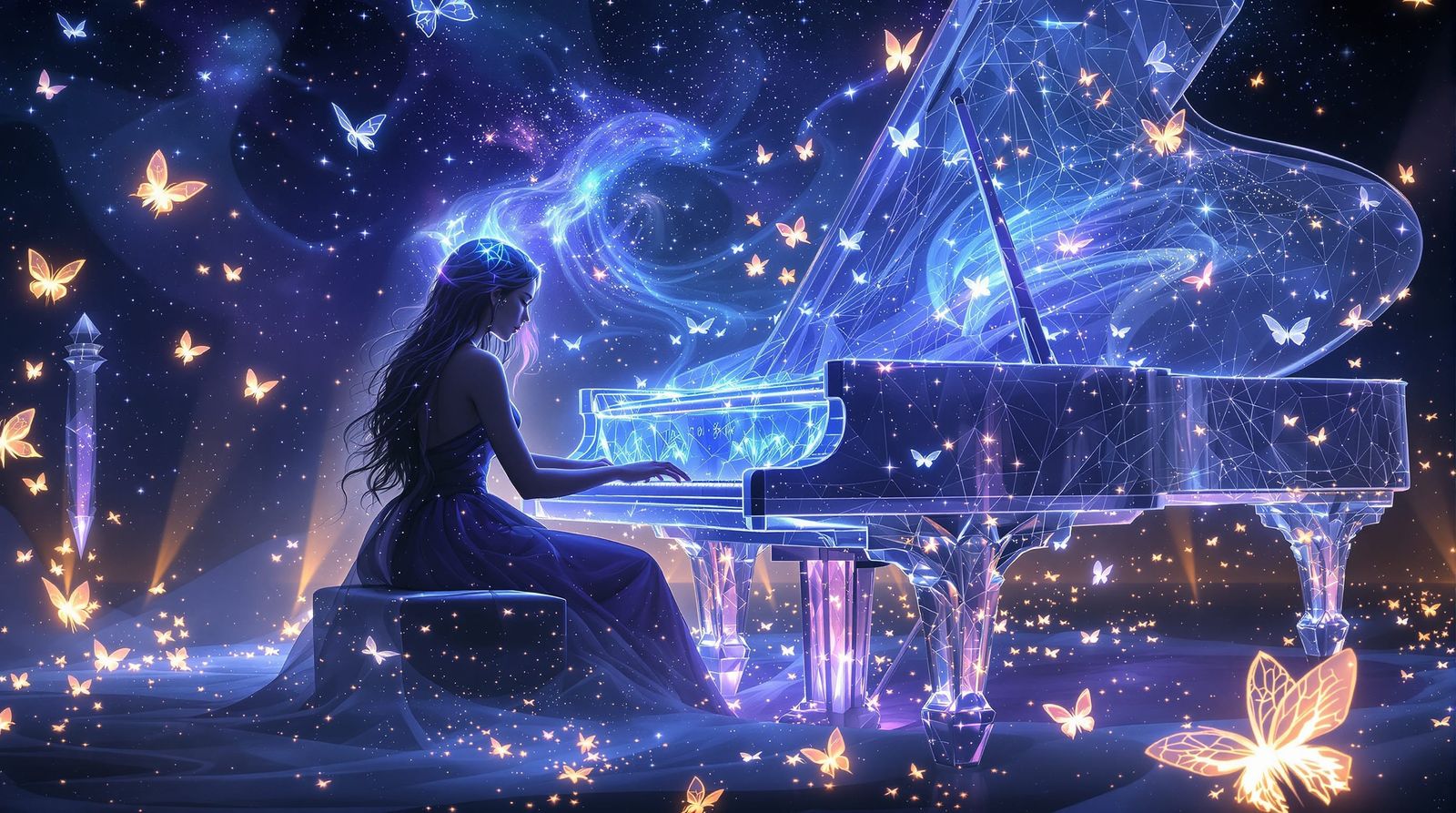 Mystical Pianist Creates Starlight Butterflies and Galaxies