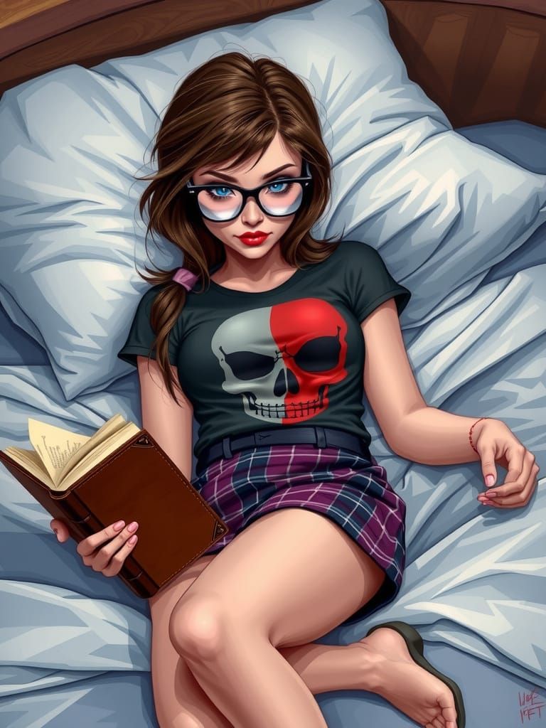 Nerdy Woman Reading: Vibrant Comic Art